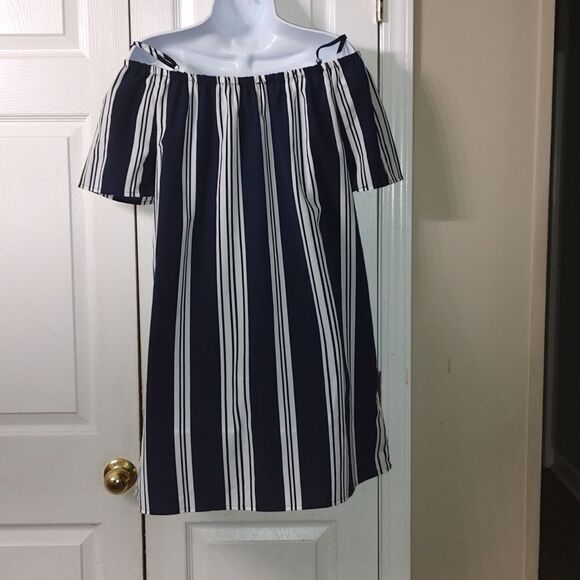 New Look off the shoulder navy white dress  Sz M - Picture 4 of 5